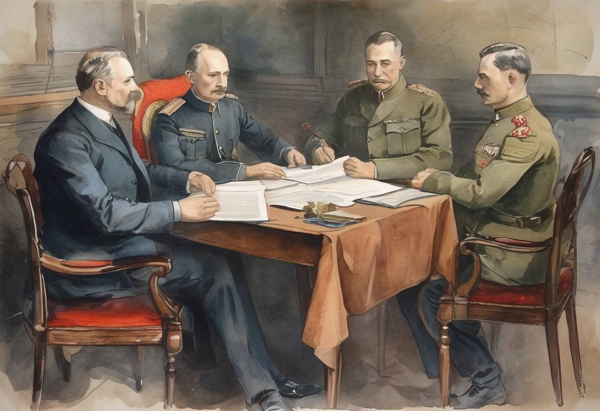 Watercolor painting based depiction of The Treaty of Brest-Litovsk is signed between Soviet Russia and the Central Powers, marking Russia's exit from World War I. (1918)