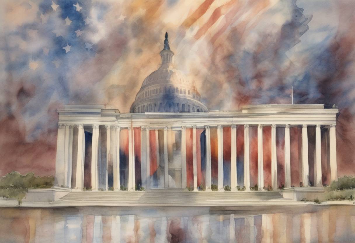 Watercolor painting based depiction of The United States passed the USA PATRIOT Act, significantly expanding the government's surveillance and investigative powers in response to the September 11 terrorist attacks. (2001)