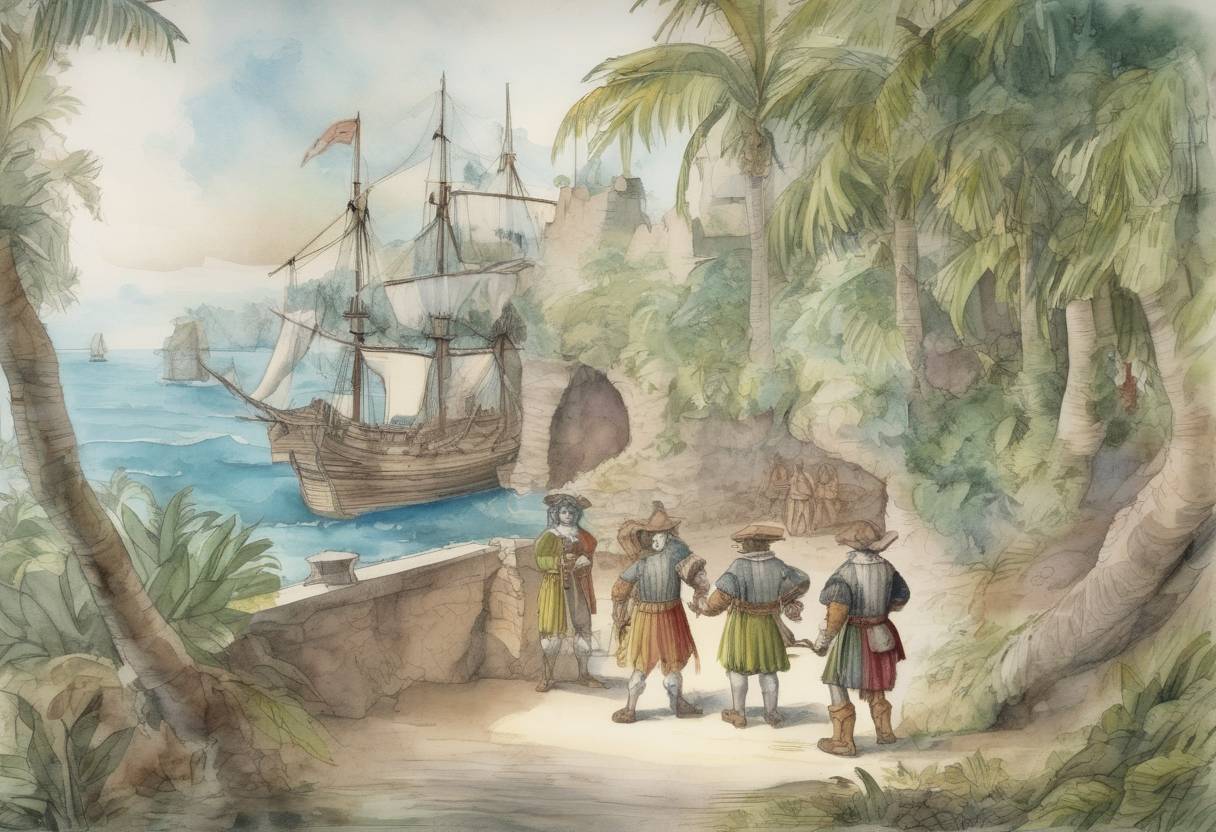 Watercolor painting based depiction of Christopher Columbus discovered the island of Guadeloupe during his second voyage to the New World. (1493)