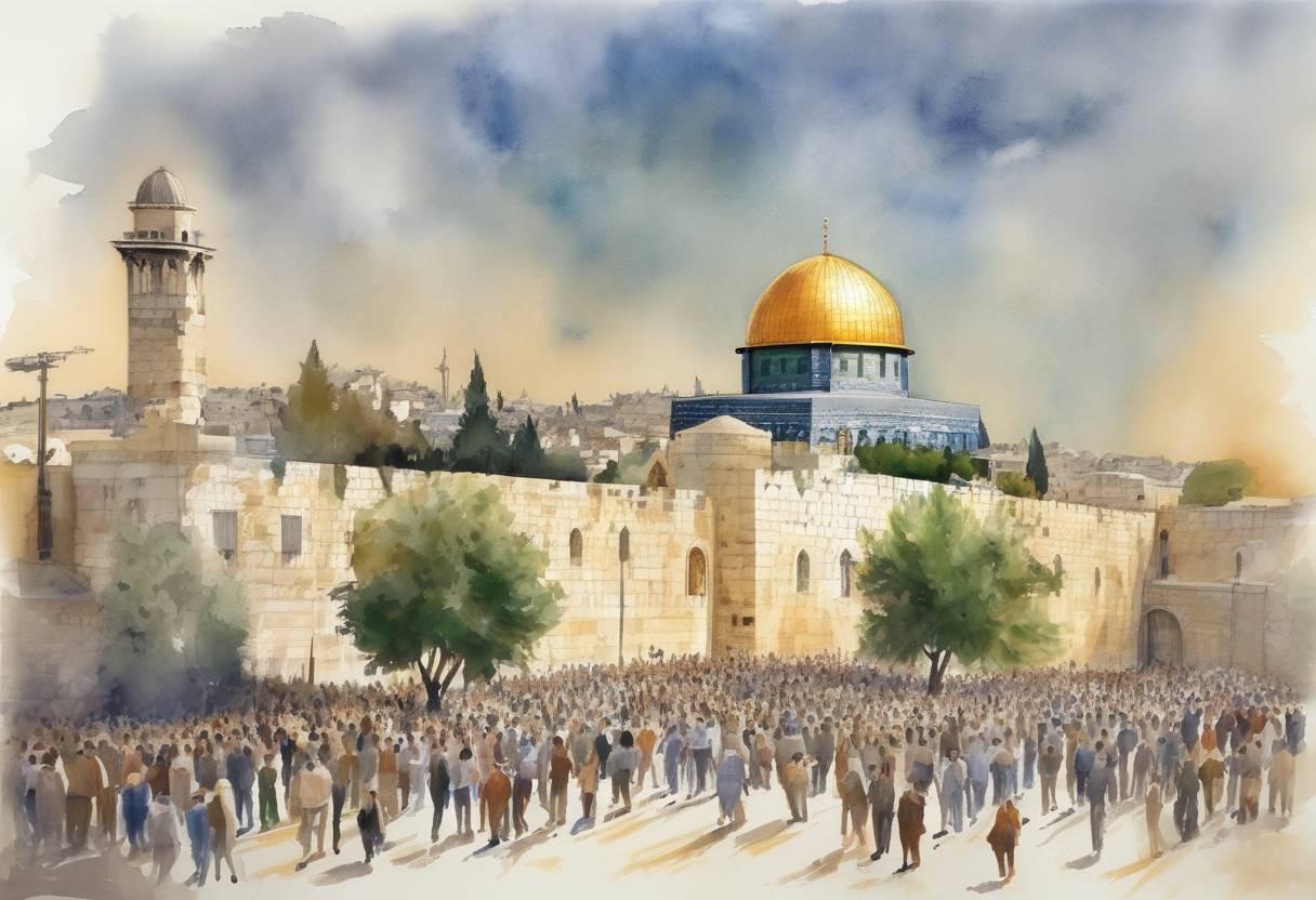Watercolor painting based depiction of The Second Intifada, also known as the Al-Aqsa Intifada, began following a visit by Israeli opposition leader Ariel Sharon to the Temple Mount in Jerusalem, a site sacred to both Jews and Muslims. The visit sparked protests and violence, leading to a prolonged period of conflict between Israelis and Palestinians. (2000)
