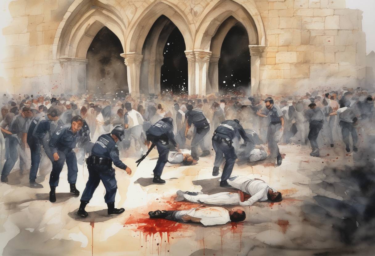 Watercolor painting based depiction of Israeli police kill 17 Palestinian worshippers and wound over 100 at the Al-Aqsa Mosque in Jerusalem, an event that becomes known as the Al-Aqsa Massacre. (1990)