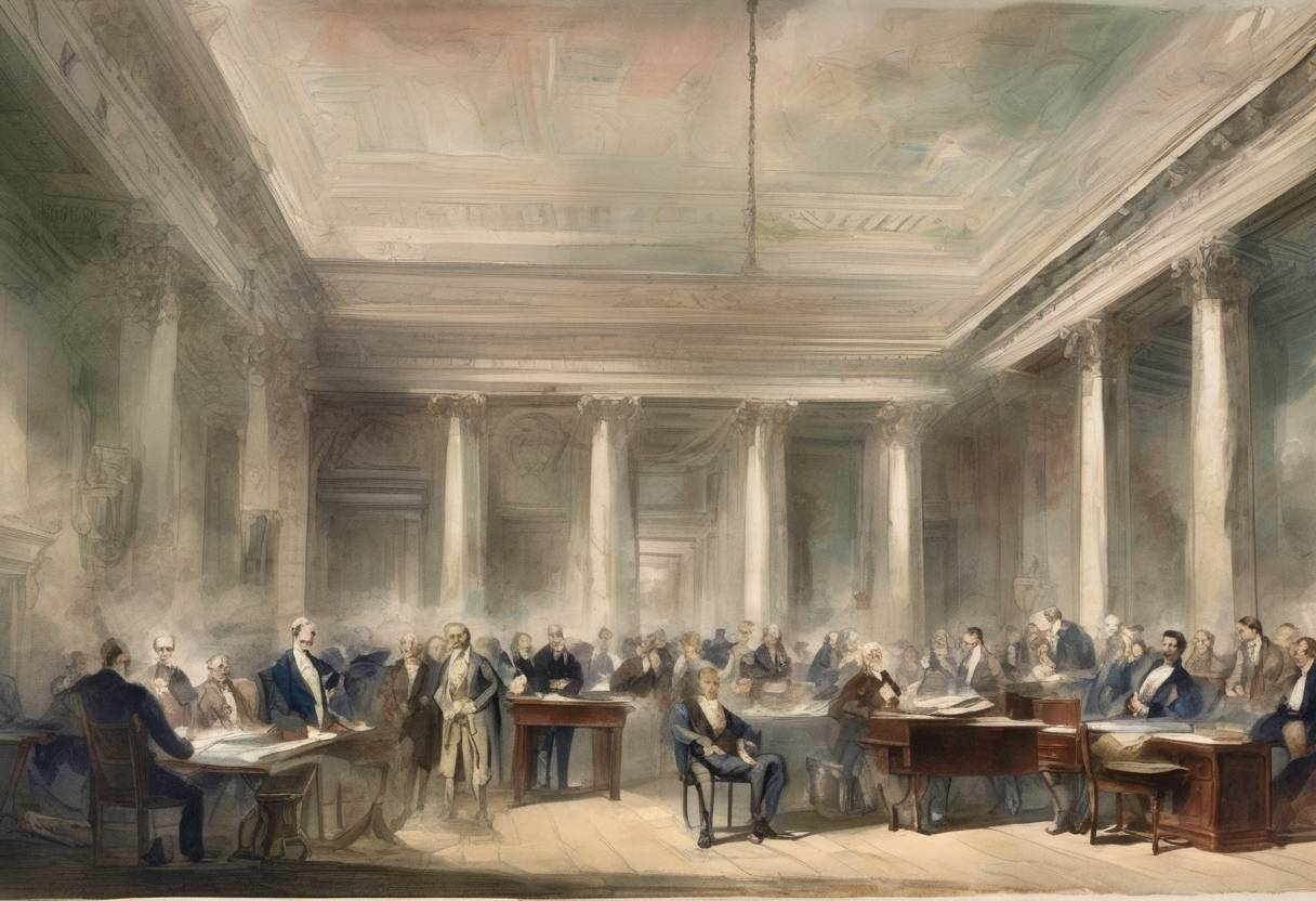 Watercolor painting based depiction of Congress authorized the use of paper currency in the United States for the first time with the passage of the Currency Act. (1861)