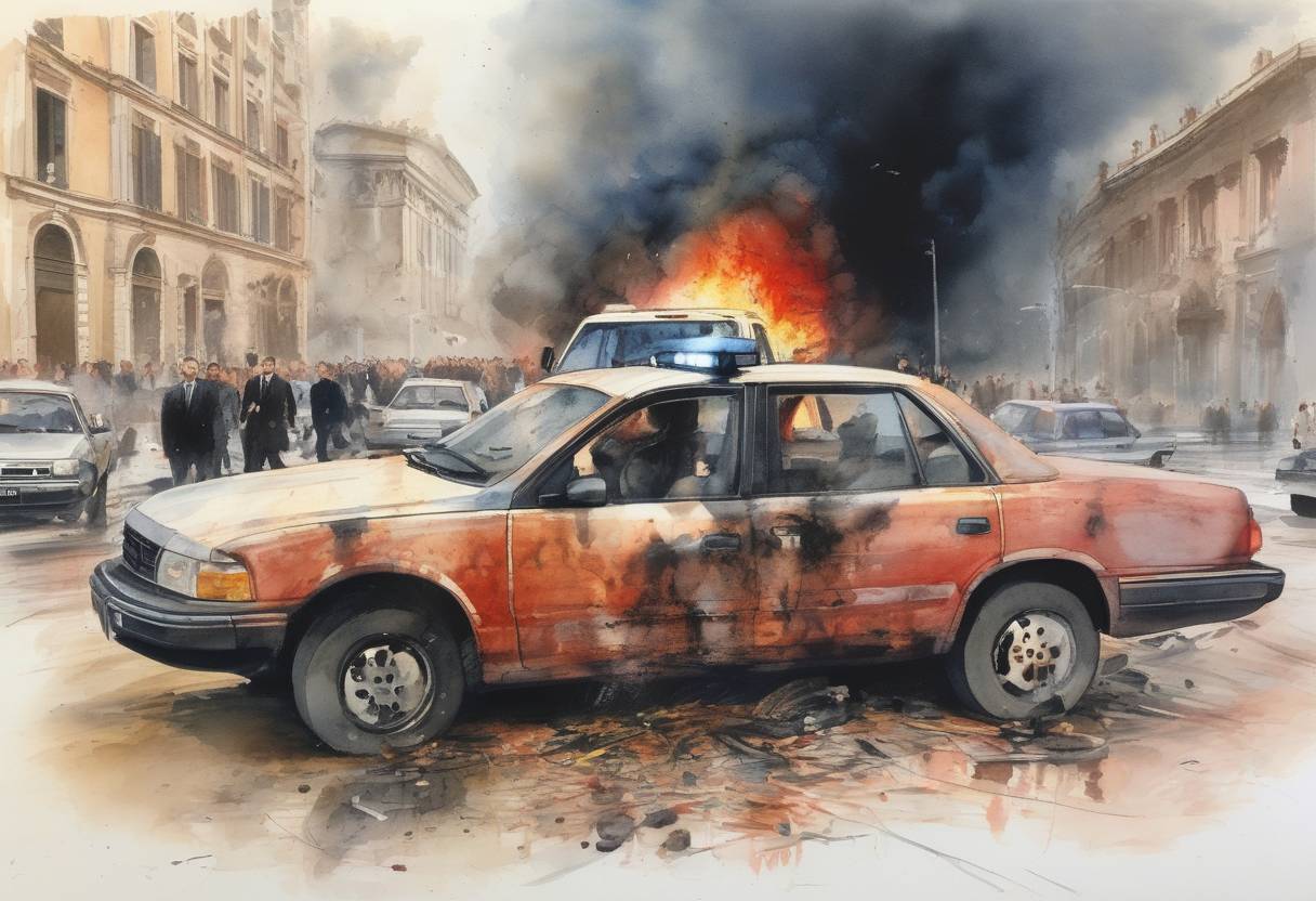 Watercolor painting based depiction of A car bomb exploded in the city of Milan, Italy, killing Judge Paolo Borsellino and five members of his police escort, an event that was part of the larger Mafia-related violence in Italy. (1992)