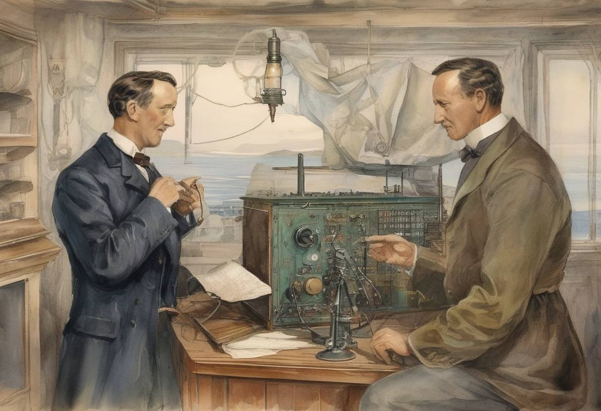 Watercolor painting based depiction of Guglielmo Marconi receives the first transatlantic radio signal in St. John's, Newfoundland, marking a significant milestone in wireless communication. (1901)