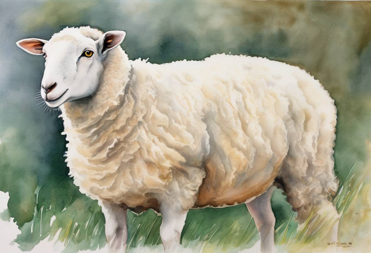 Watercolor painting based depiction of Dolly the sheep, the first mammal to be cloned from an adult somatic cell, was born at the Roslin Institute in Scotland. (1996)