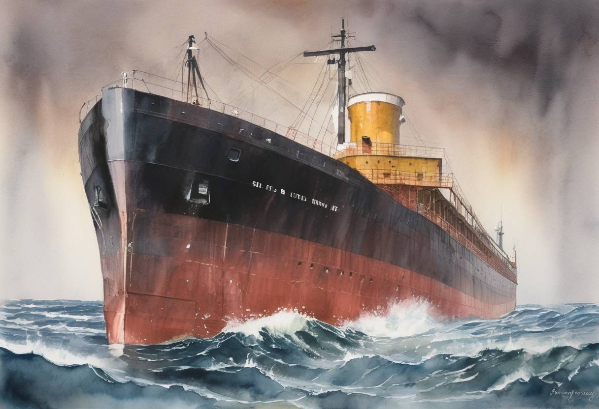 Watercolor painting based depiction of The SS Edmund Fitzgerald, an American Great Lakes freighter, sank during a storm on Lake Superior, resulting in the loss of all 29 crew members on board. (1975)