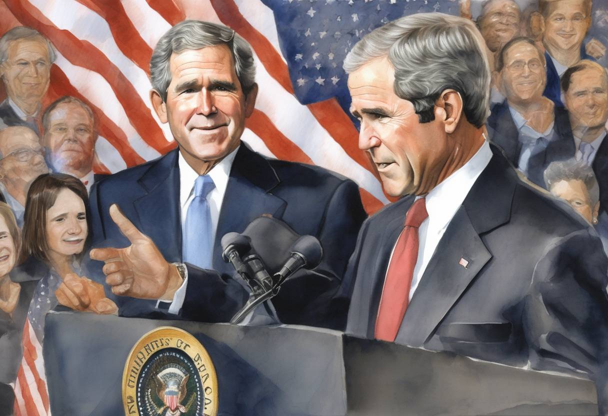 Watercolor painting based depiction of George W. Bush was re-elected as President of the United States, defeating Democratic candidate John Kerry in the presidential election. (2004)