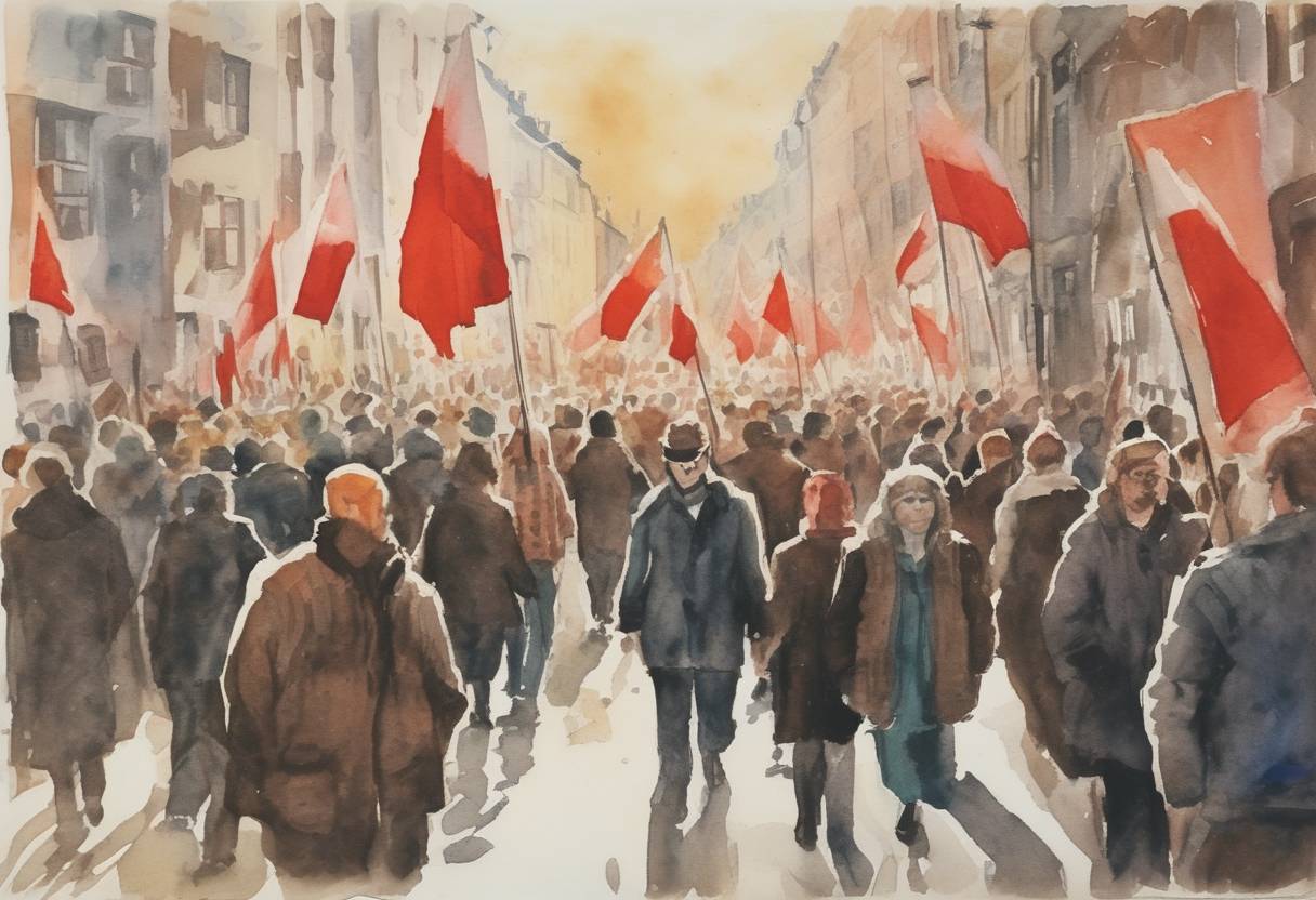 Watercolor painting based depiction of The Solidarity movement in Poland was officially recognized by the Polish government, marking a significant moment in the struggle for workers' rights and political reform in Eastern Europe. (1980)