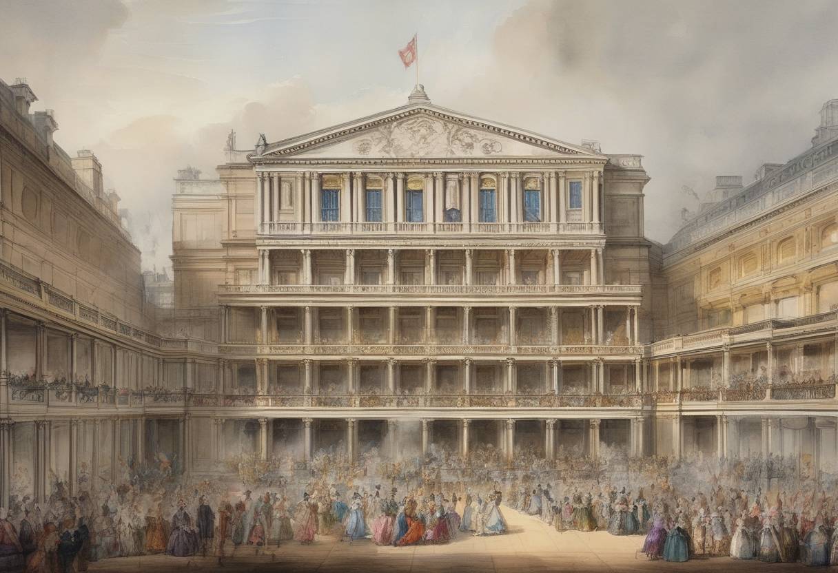 Watercolor painting based depiction of The Royal Opera House opens in Covent Garden, London. (1732)