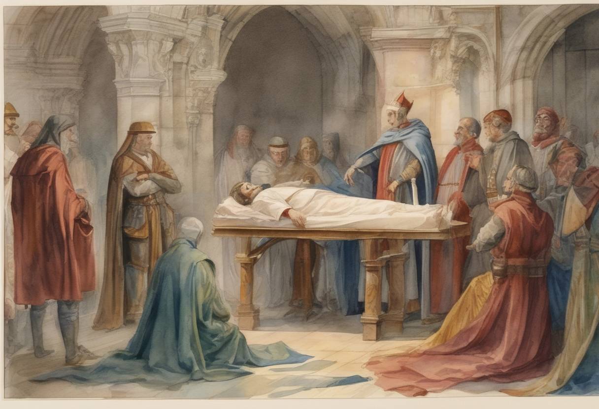 Watercolor painting based depiction of Death of Alcuin of York, an English scholar, clergyman, and teacher who was a leading figure in the Carolingian Renaissance. (804)
