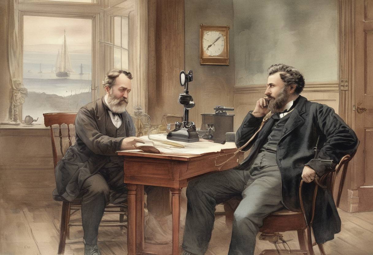 Watercolor painting based depiction of The first long-distance telephone call was made between Boston and New York City by Alexander Graham Bell and Thomas Watson. (1884)