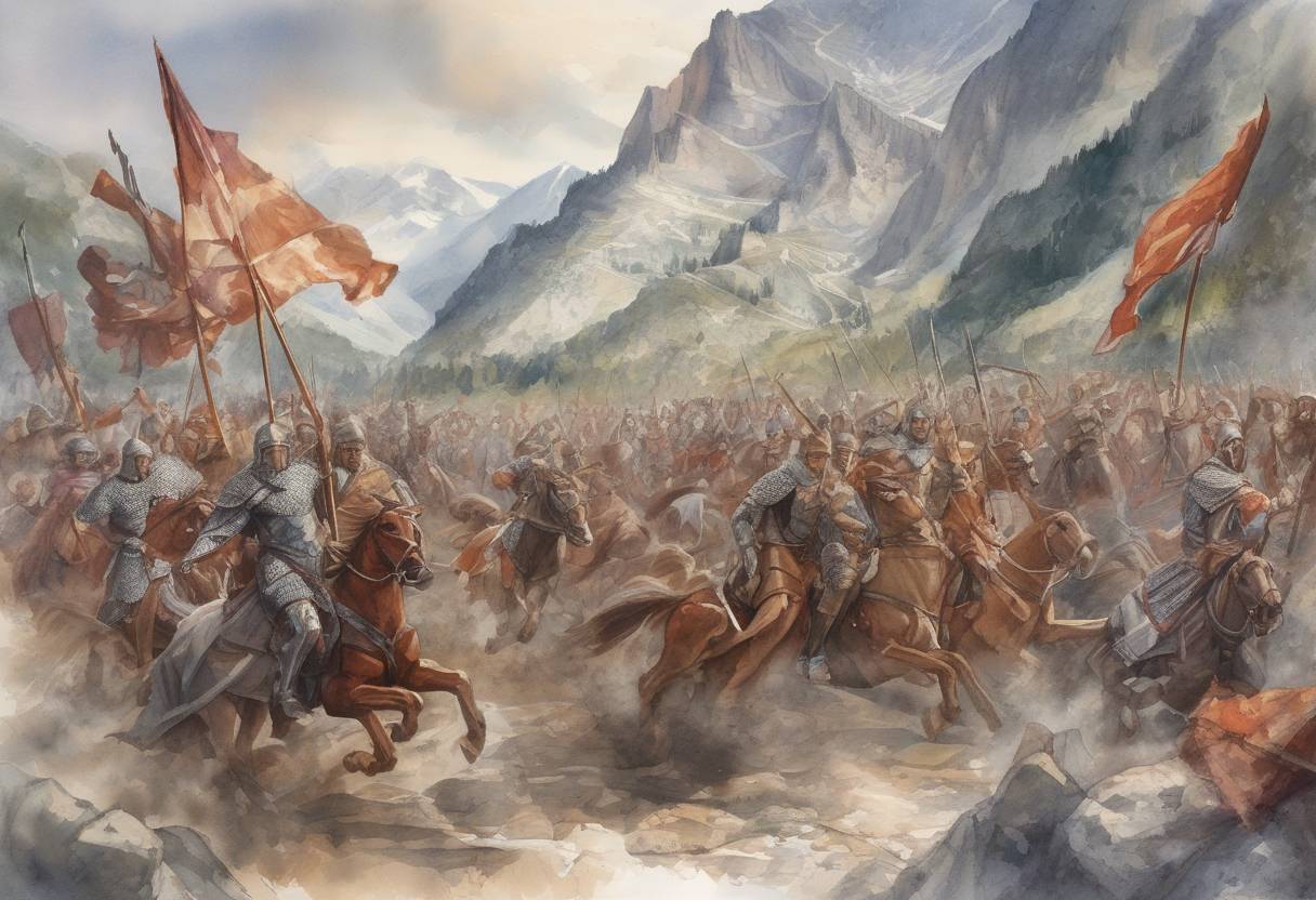 Watercolor painting based depiction of The Visigoths, led by King Alaric I, crossed the Alps and entered Italy, marking a significant phase in the Gothic War against the Roman Empire. (401)