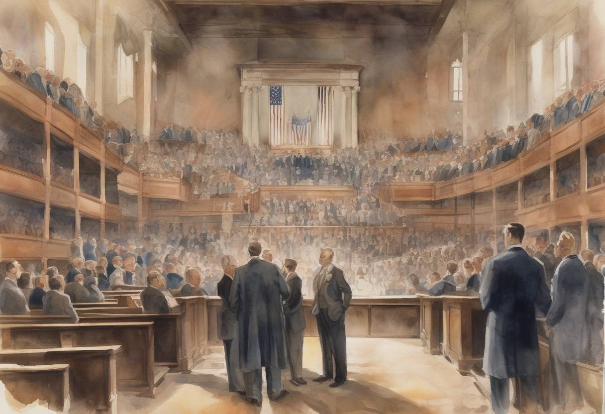 Watercolor painting based depiction of The Tennessee General Assembly passed the Butler Act, prohibiting public school teachers from denying the Biblical account of mankind's origin, setting the stage for the Scopes Trial. (1925)