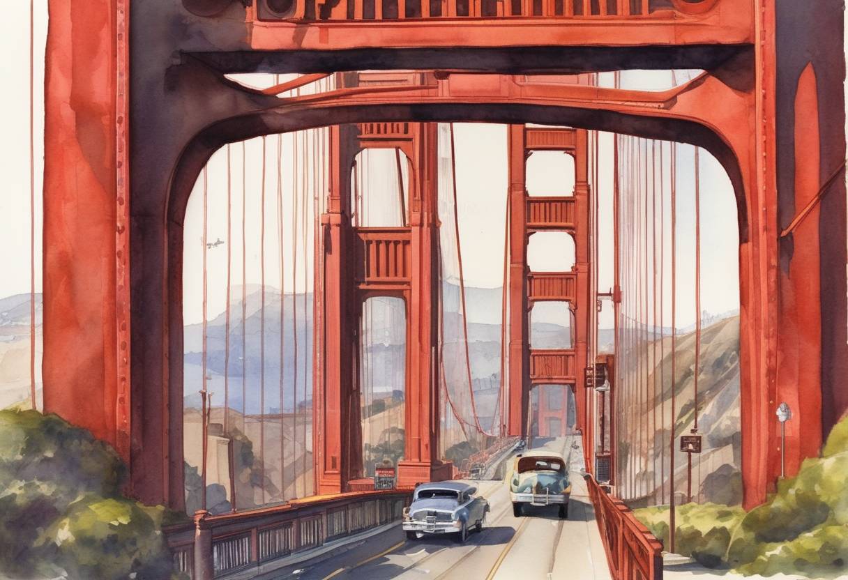 Watercolor painting based depiction of The Golden Gate Bridge in San Francisco, California, is opened to pedestrian traffic. (1937)