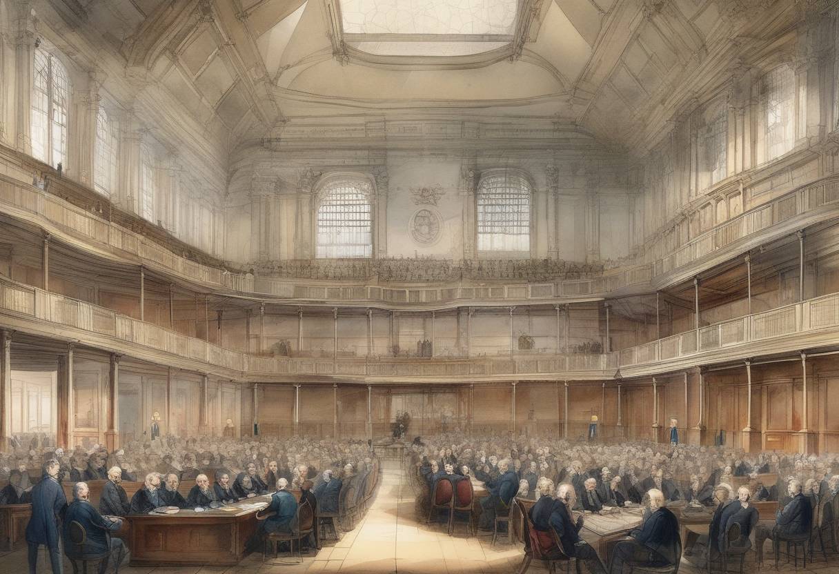 Watercolor painting based depiction of The first German National Assembly met in Frankfurt to begin drafting a constitution for a unified Germany. (1848)