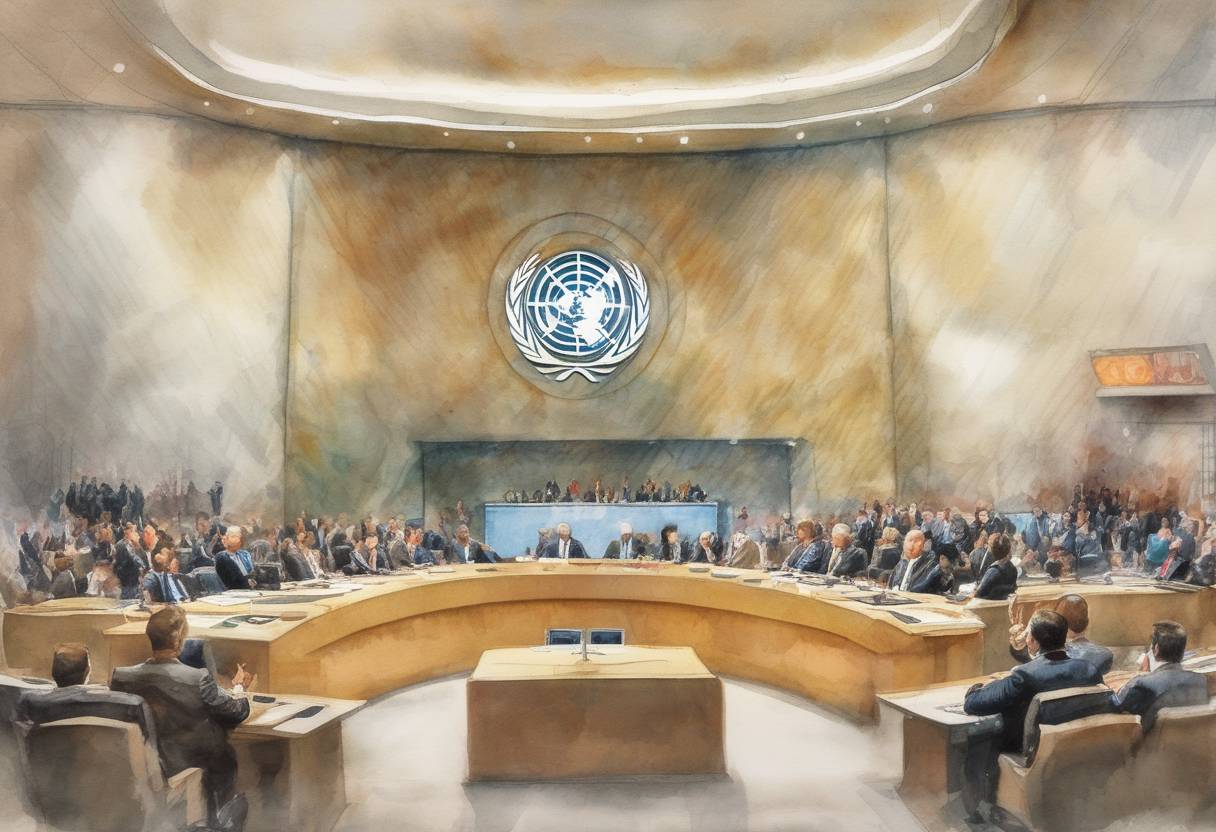 Watercolor painting based depiction of The United Nations Security Council unanimously adopted Resolution 2253, aimed at cutting off funding to ISIL and other terrorist groups. (2015)