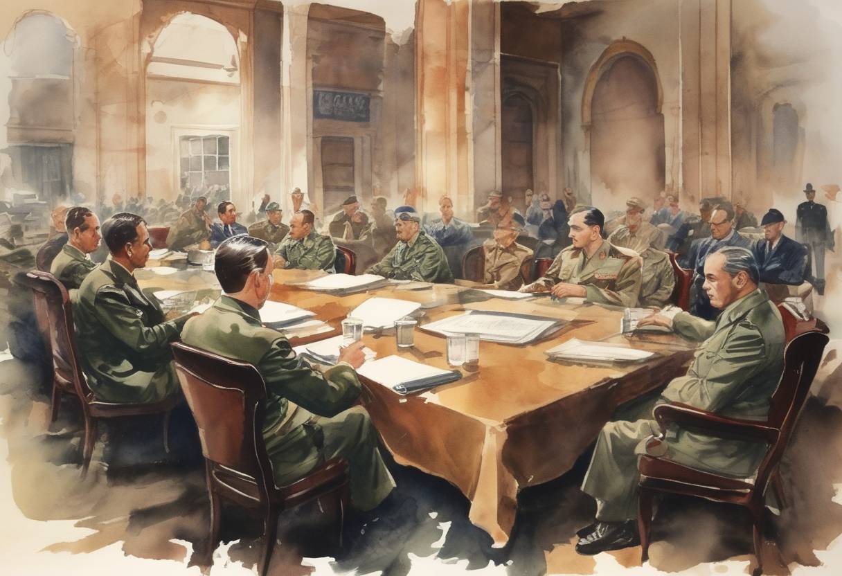 Watercolor painting based depiction of The Casablanca Conference began during World War II, where Allied leaders planned the next phase of the war. (1943)