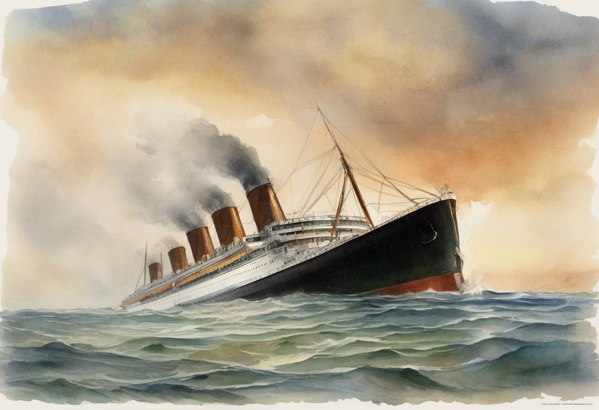 Watercolor painting based depiction of The RMS Republic, a passenger ship, sinks off the coast of Nantucket after colliding with another ship, resulting in the first recorded use of the CQD distress signal. (1909)