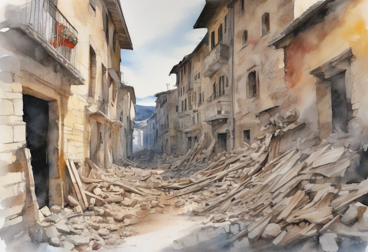 Watercolor painting based depiction of A magnitude 6.2 earthquake struck central Italy, causing significant destruction and resulting in the deaths of nearly 300 people. (2016)