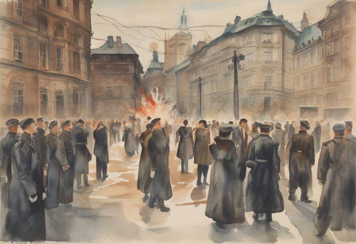Watercolor painting based depiction of Nine Czech students were executed as a response to anti-Nazi demonstrations, leading to the International Students' Day observance. (1939)