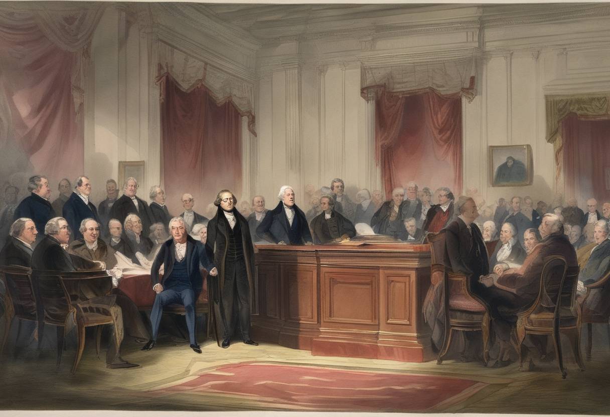 Watercolor painting based depiction of The United States presidential election concluded with none of the candidates securing a majority in the Electoral College. This led to the contingent election by the House of Representatives in 1825, where John Quincy Adams was elected President. (1824)
