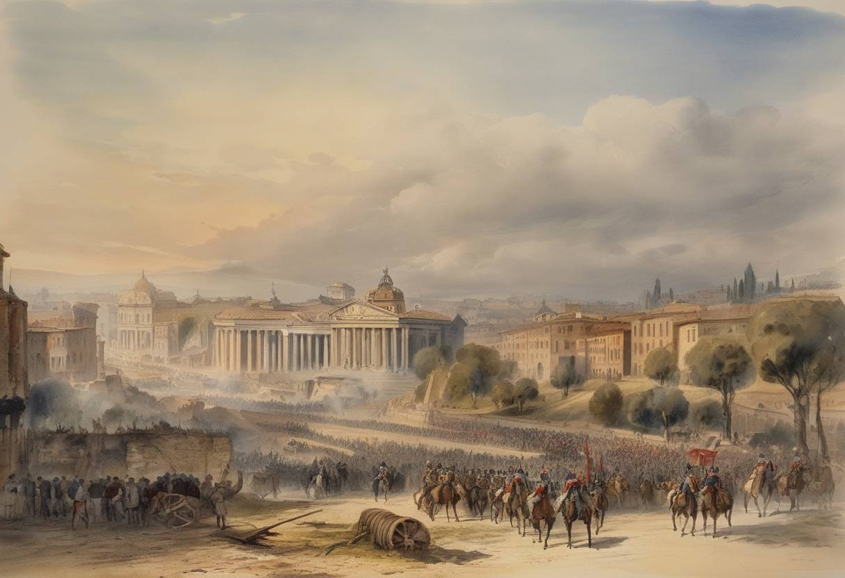 Watercolor painting based depiction of Italian forces captured Rome, marking its annexation to the Kingdom of Italy. This event effectively completed the unification of Italy as Rome became the capital of the Kingdom. (1870)