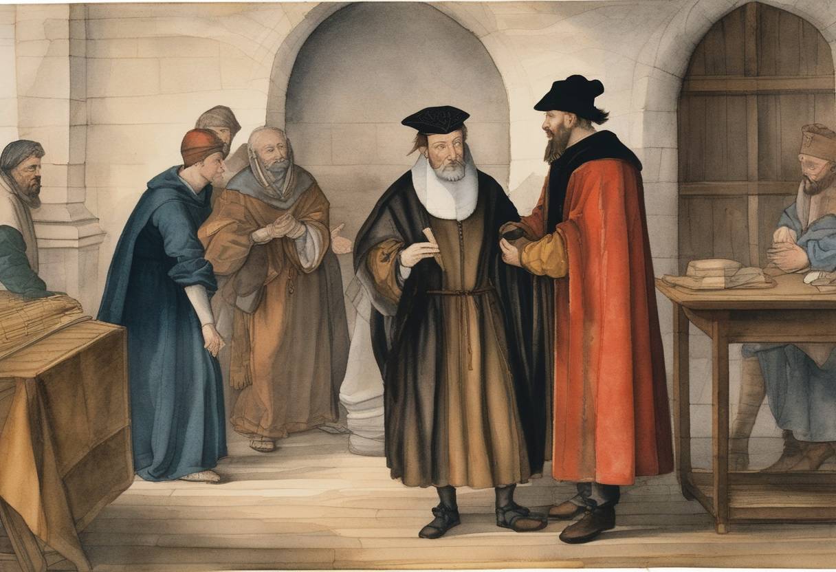 Watercolor painting based depiction of Michael Servetus arrested by John Calvin on charges of heresy and blasphemy. (1553)