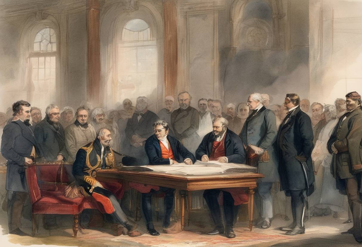 Watercolor painting based depiction of The Treaty of Navarino is signed as the final peace agreement between the Ottoman Empire and Britain, France, and Russia, which sought to put an end to the tension in Greece. This act effectively laid down the foundations that would lead to the Battle of Navarino, a decisive naval battle that confirmed Greek independence. (1827)