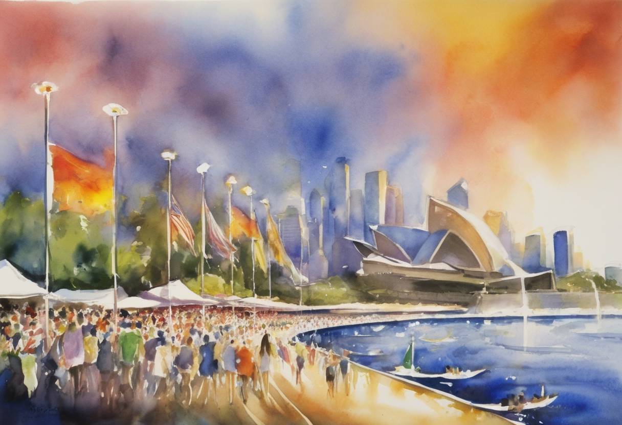 Watercolor painting based depiction of The Summer Olympic Games open in Sydney, Australia. (2000)