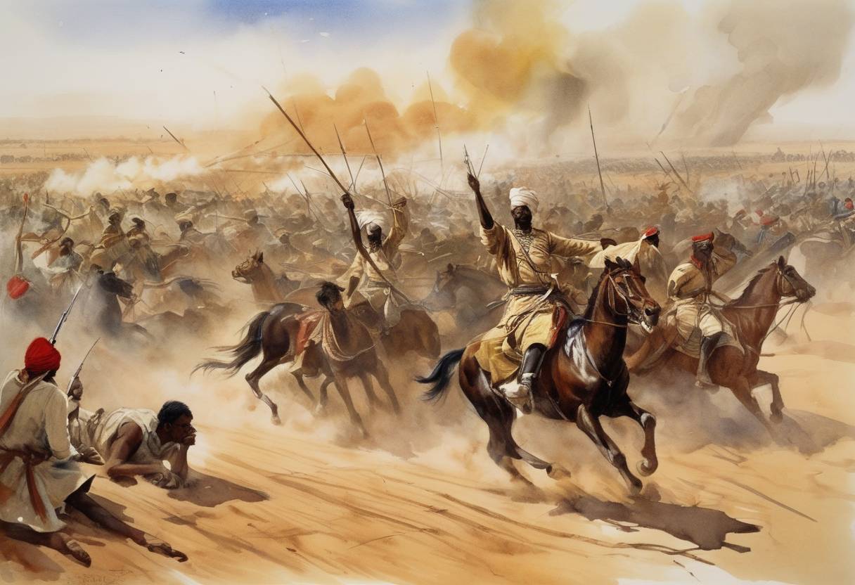 Watercolor painting based depiction of The Battle of Omdurman takes place in Sudan, where British and Egyptian troops under Major General Sir Herbert Kitchener defeat Sudanese Mahdist forces, securing British control over Sudan. (1898)