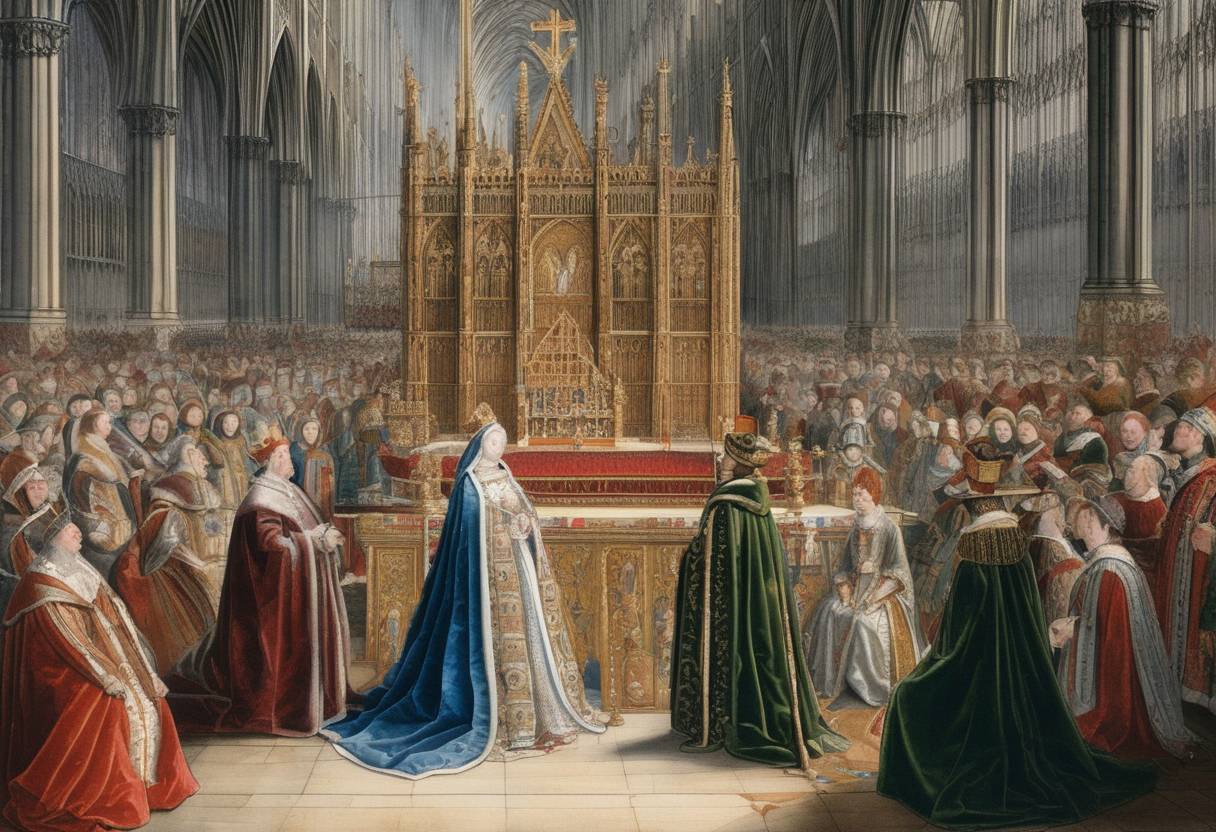 Watercolor painting based depiction of Coronation of Mary I of England at Westminster Abbey, marking the return of Catholic rule in England after her father Henry VIII had established the Church of England. (1553)
