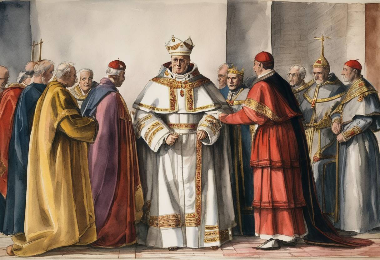 Watercolor painting based depiction of Adrian VI was elected as Pope, assuming office as the 218th pope of the Catholic Church. Known for his attempts to reform the church and his short papacy, he was the last non-Italian pope until the election of John Paul II in 1978. (1522)
