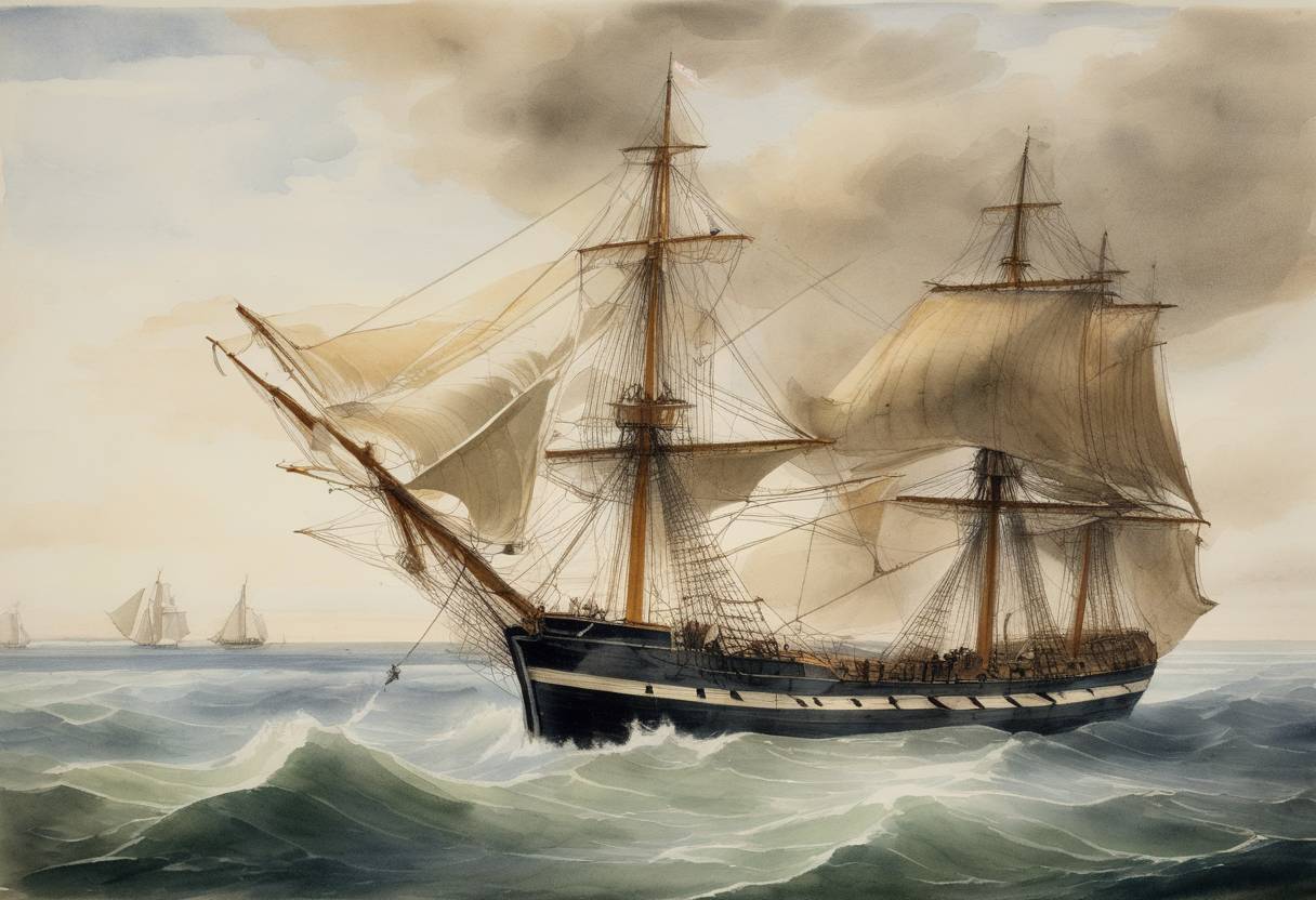 Watercolor painting based depiction of The American whaling ship Essex, which would later inspire Herman Melville’s novel ‘Moby-Dick’, departs Nantucket for the Pacific Ocean. (1820)