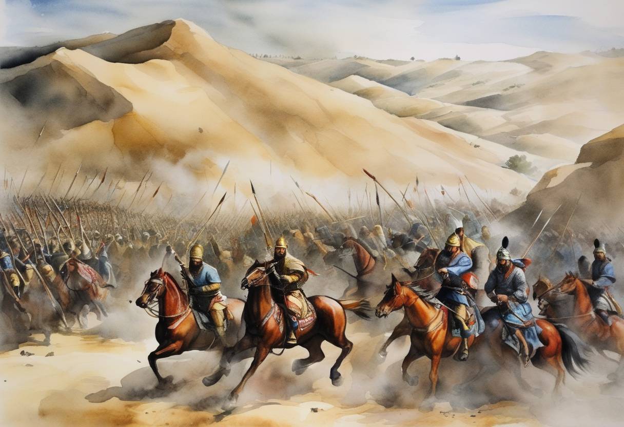 Watercolor painting based depiction of The Battle of Ain Jalut took place, marking the first substantial defeat of the Mongol army by the Mamluks of Egypt, preventing the Mongol Empire from expanding into the Middle East. (1260)