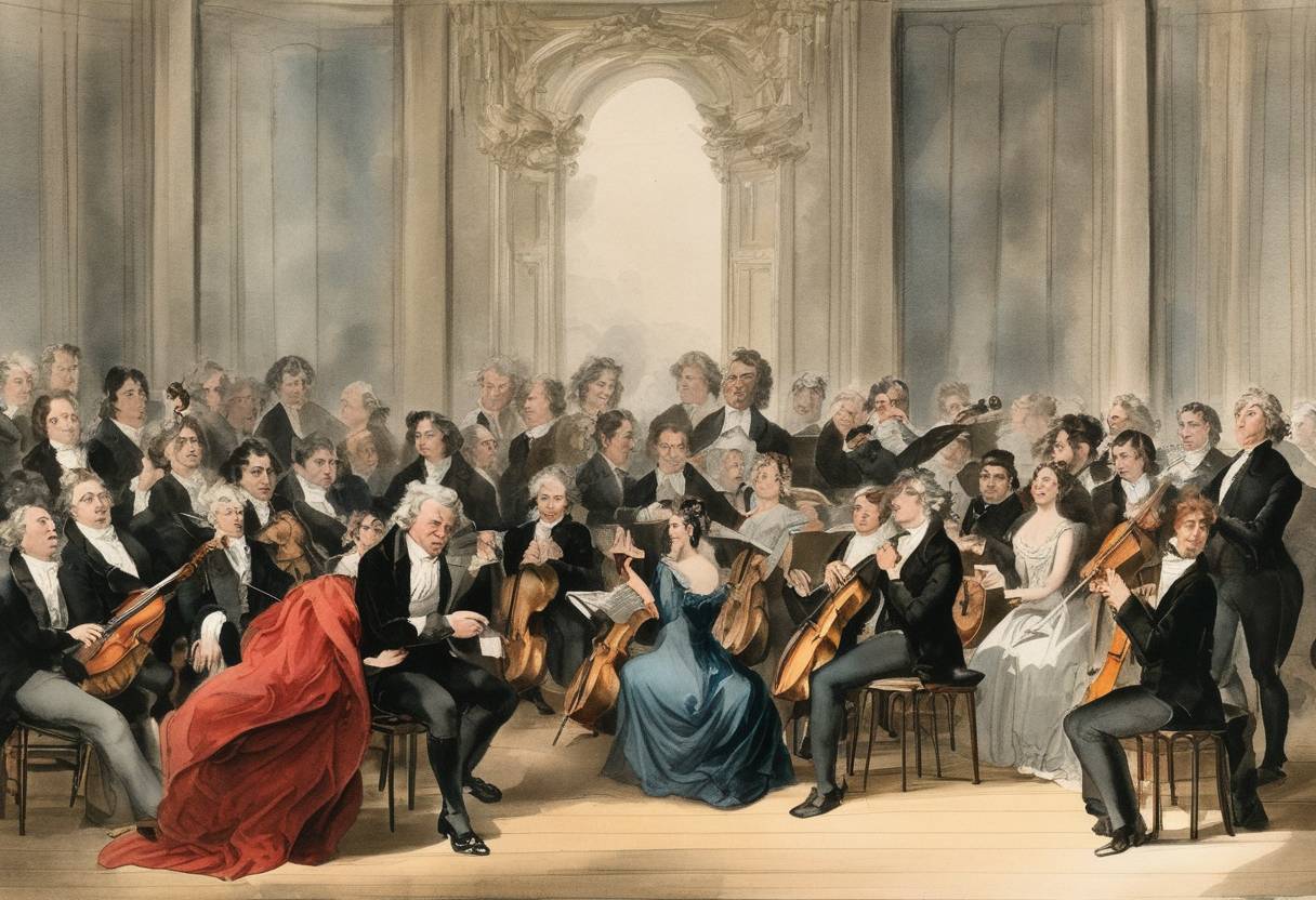 Watercolor painting based depiction of Ludwig van Beethoven's Seventh Symphony premiered in Vienna, conducted by Beethoven himself, to much acclaim. The symphony is known for its energetic and rhythmic drive, especially the second movement, 'Allegretto,' which was encored at the premiere. (1813)