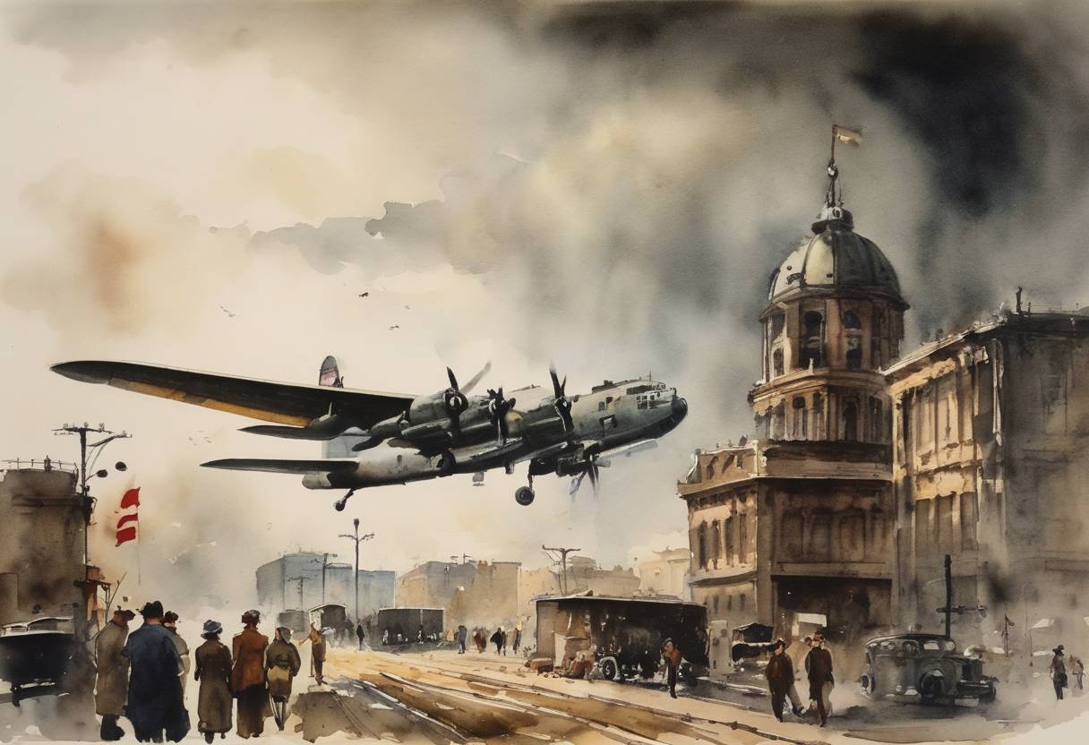 Watercolor painting based depiction of The Berlin Airlift officially ended after 15 months. (1949)