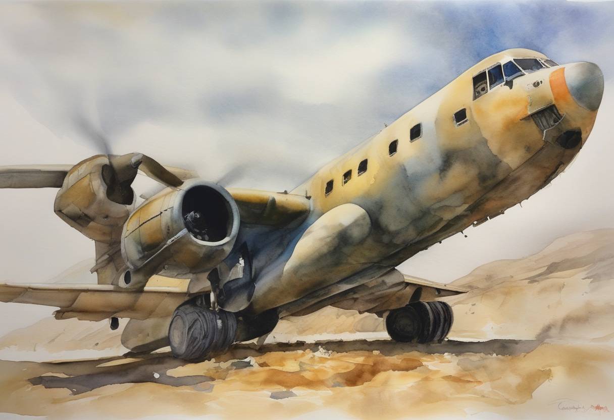 Watercolor painting based depiction of A Turkish aircraft carrying peacekeepers from Spain to Afghanistan crashed, resulting in the death of all 13 people on board. (2009)