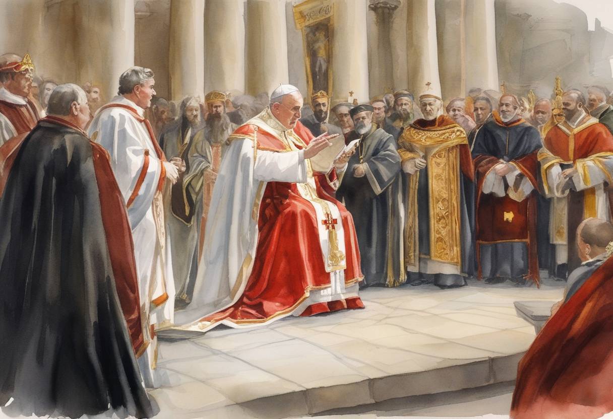 Watercolor painting based depiction of The future Pope Anastasius I is elected as the Bishop of Rome, beginning his papacy until 401. His leadership would be marked by his staunch opposition to the writings of Origen, a theologian whose works would later be considered controversial. (399)