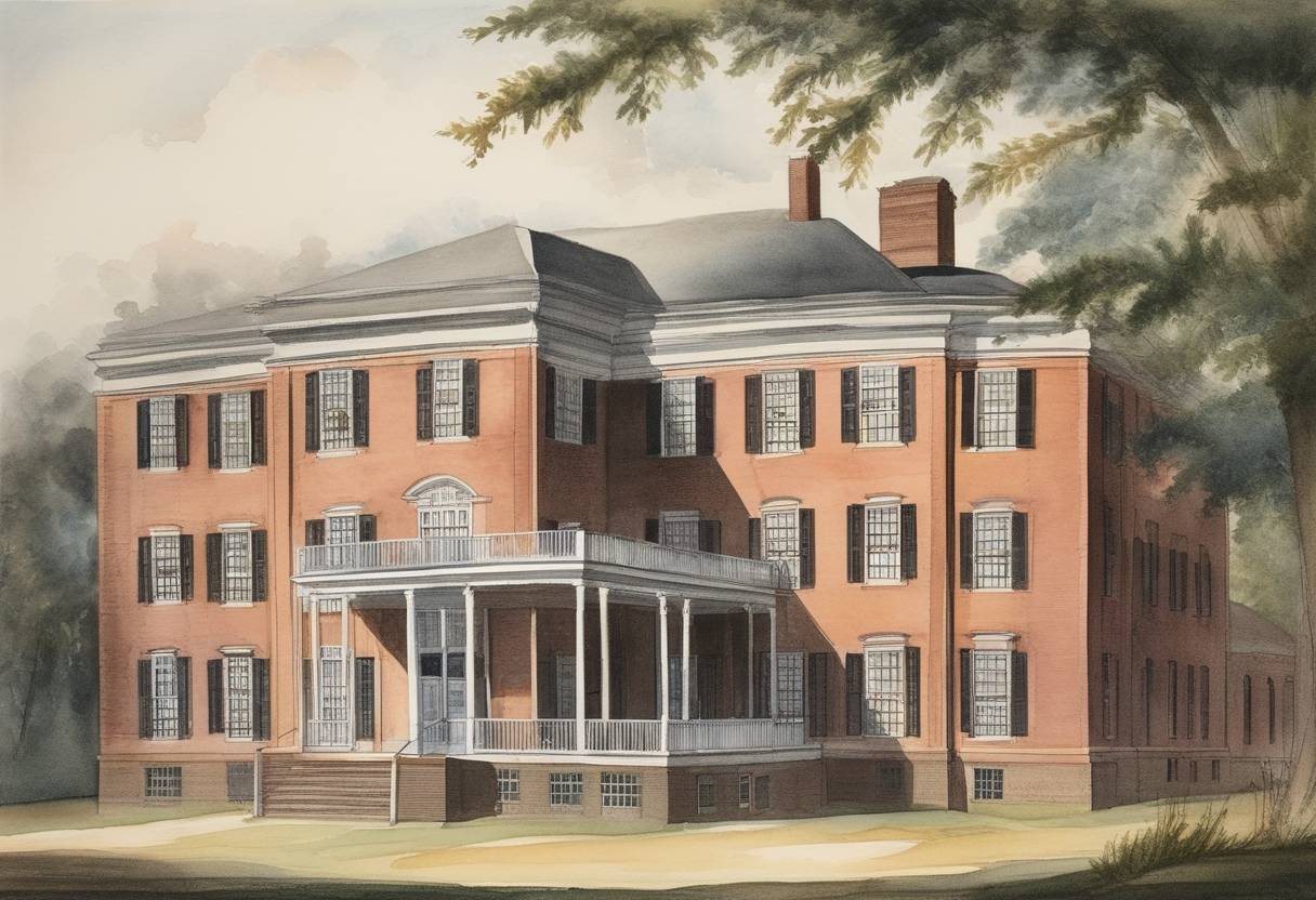 Watercolor painting based depiction of America's first insane asylum, the Public Hospital for Persons of Insane and Disordered Minds, opens in Williamsburg, Virginia. This institution was the first devoted solely to the care and treatment of the mentally ill. (1773)