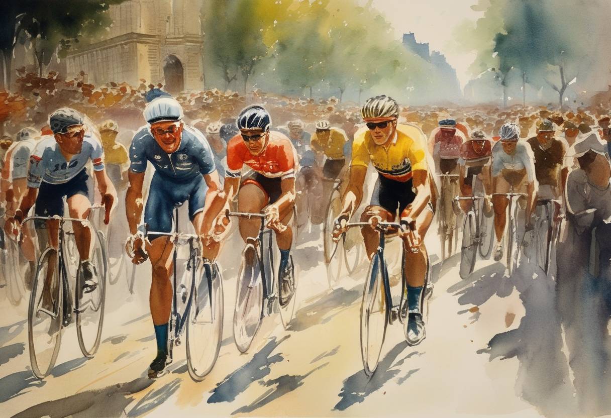 Watercolor painting based depiction of The first Tour de France cycling race post-World War II was officially announced to commence in July after being resumed following its suspension during the war years. (1950)