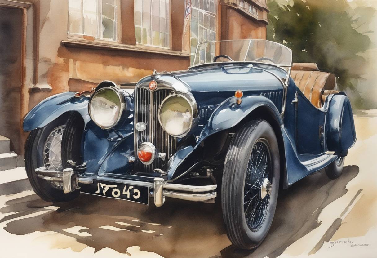 Watercolor painting based depiction of The Swallow Sidecar Company, later known as Jaguar Cars, officially became a public limited company. (1945)