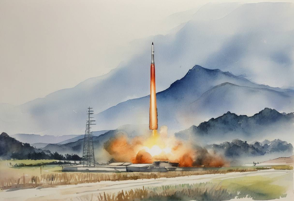 Watercolor painting based depiction of North Korea conducted a test of the Pukguksong-2, a medium-range ballistic missile, marking its first missile test after the inauguration of South Korean President Moon Jae-in and U.S. President Donald Trump. (2017)
