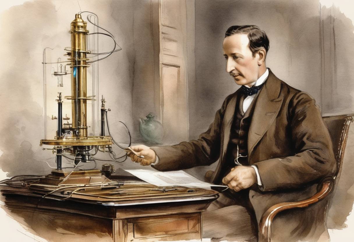 Watercolor painting based depiction of Italian scientist Guglielmo Marconi received a patent for radio (then known as 'wireless telegraph') in London. (1897)