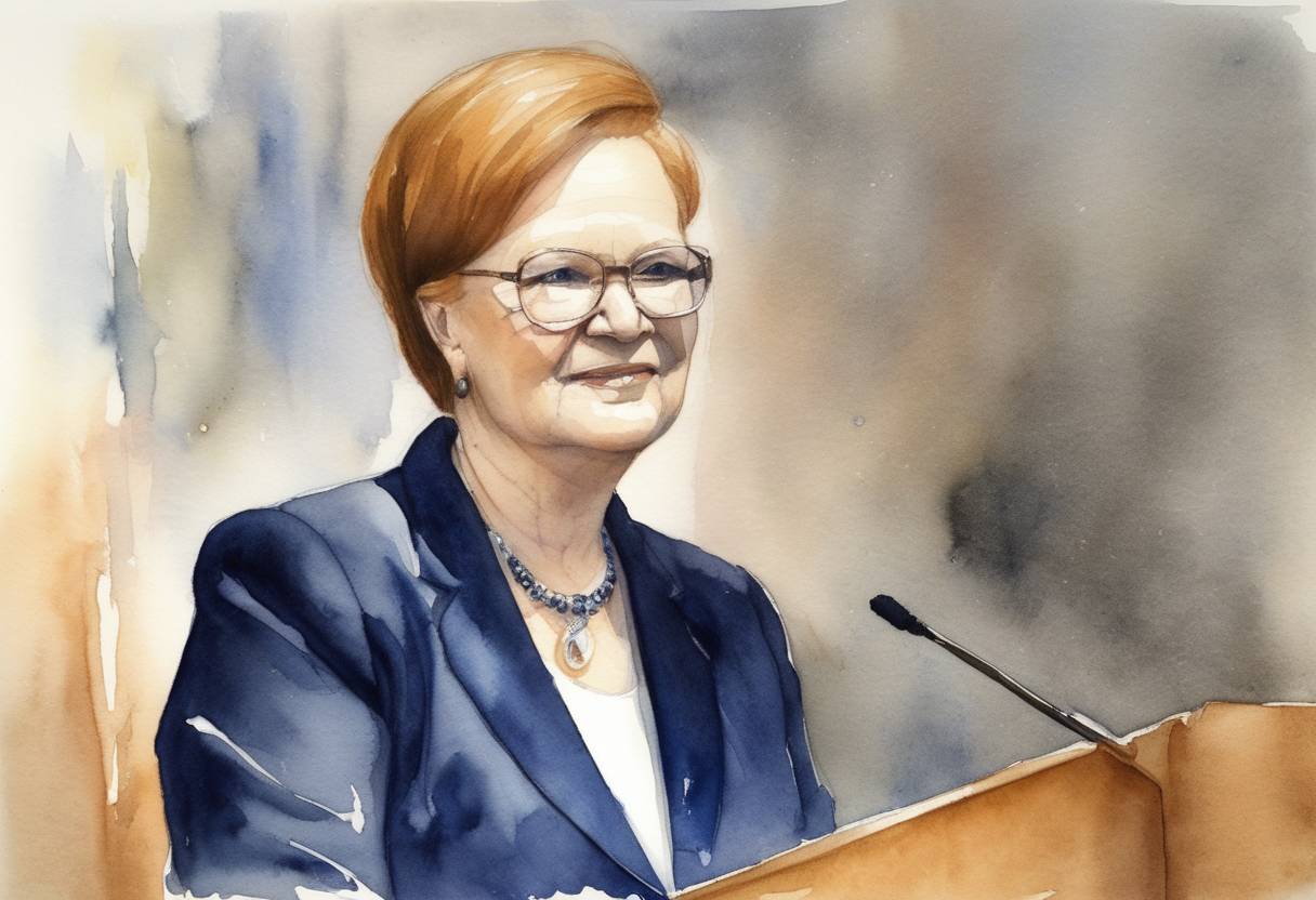 Watercolor painting based depiction of Tarja Halonen was elected as Finland's first female president. (2000)