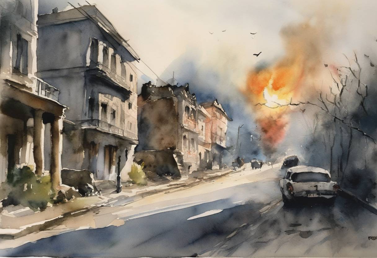 Watercolor painting based depiction of The United States accidentally bombs the Chinese embassy in Belgrade during the NATO bombing of Yugoslavia. (1999)
