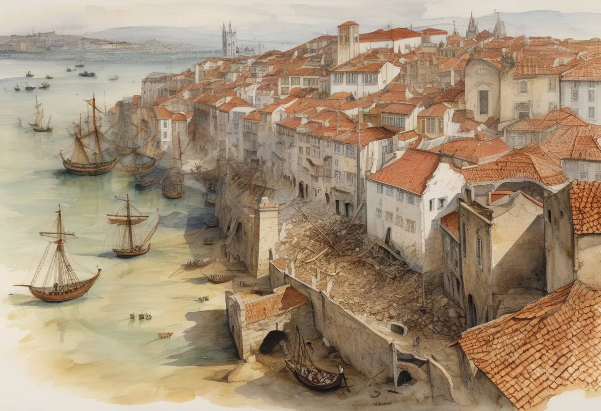 Watercolor painting based depiction of The Lisbon earthquake strikes Portugal with a magnitude estimated to be around 6.8-7.5, causing significant destruction and fatalities in the city of Lisbon. (1531)