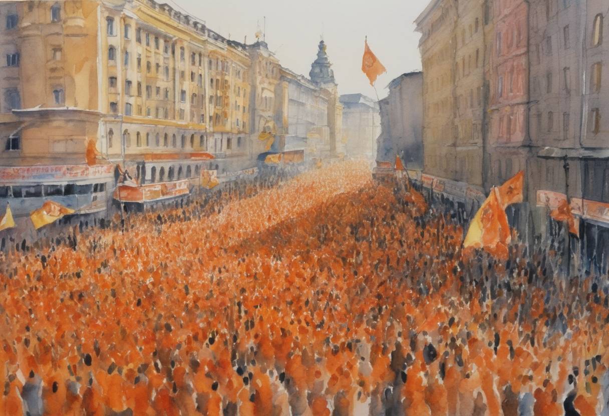 Watercolor painting based depiction of The Orange Revolution begins in Ukraine after the presidential election between Viktor Yanukovych and Viktor Yushchenko is marred by allegations of electoral fraud. This sparks mass protests across the country. (2004)