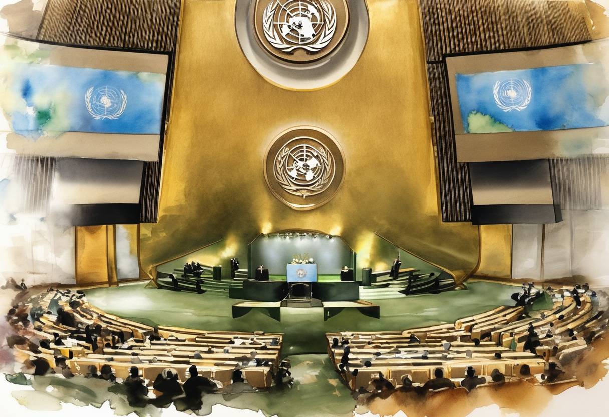 Watercolor painting based depiction of The United Nations General Assembly suspended Libya from its Human Rights Council due to the actions taken by Colonel Muammar Gaddafi's government against protesters. (2011)