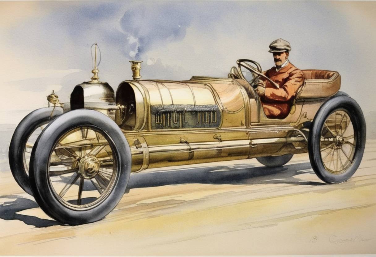 Watercolor painting based depiction of Gaston de Chasseloup-Laubat sets a new land speed record of 39.24 miles per hour (63.14 kilometers per hour) in Paris, becoming the first recorded automobile land speed champion. (1898)