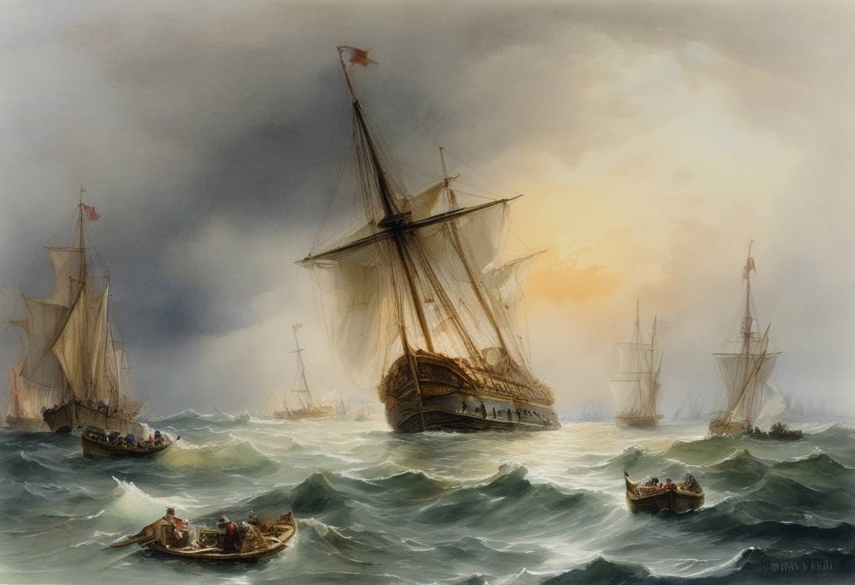 Watercolor painting based depiction of The White Ship disaster occurred in the English Channel, resulting in the drowning of William Adelin, the heir to the English throne, and sparking a succession crisis. (1120)